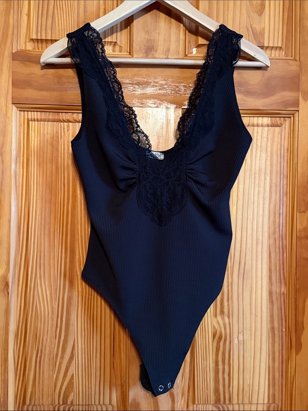 Free People First Call Lace Trim Stretch Bodysuit Black Small
